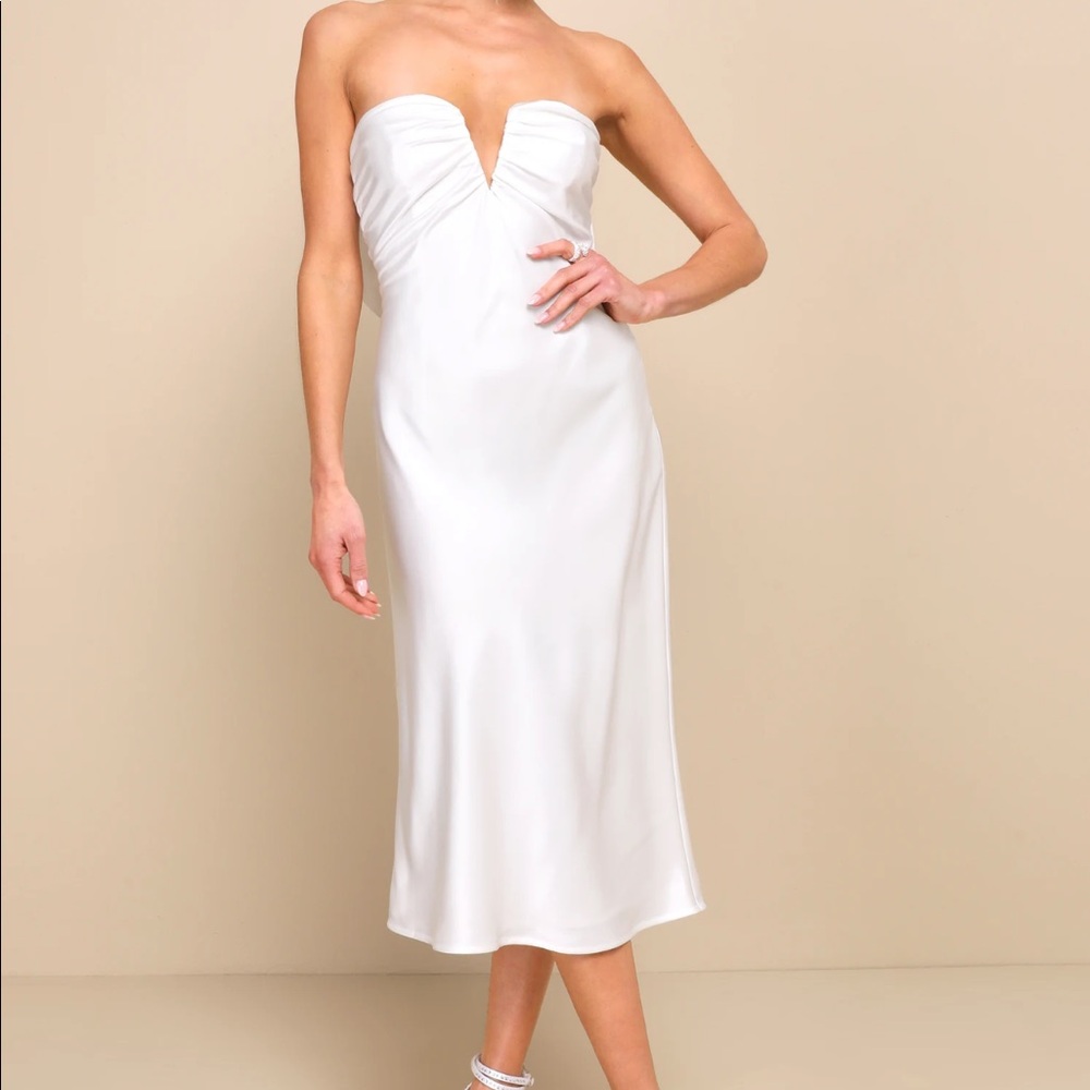 Lulus Luxe Crush White Satin Rhinestone Bow Strapless Midi Dress Bridal size M